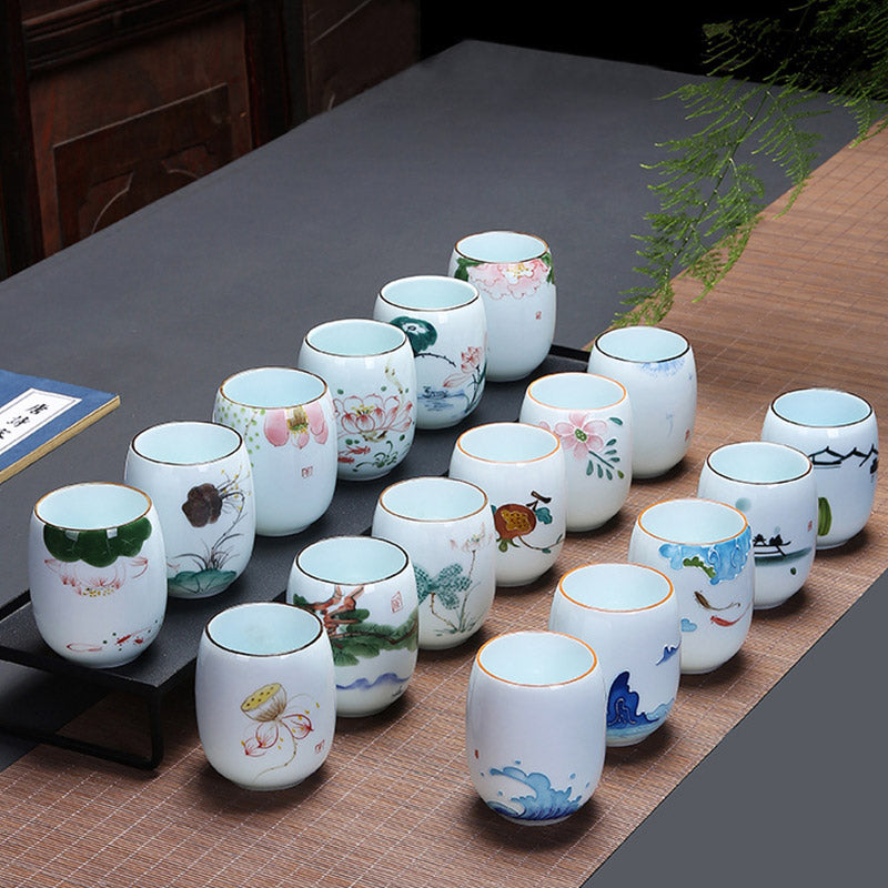 Buddha Stones Koi Fish Lotus Landscape Dandelion Peony Flower Ceramic Teacup Kung Fu Tea Cup