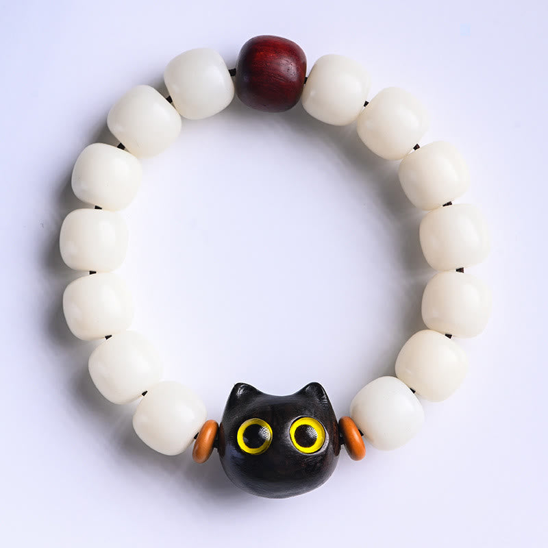 Buddha Stones Natural Bodhi Seed Small Leaf Red Sandalwood Ebony Wood Cute Lucky Cat Wisdom Bracelet