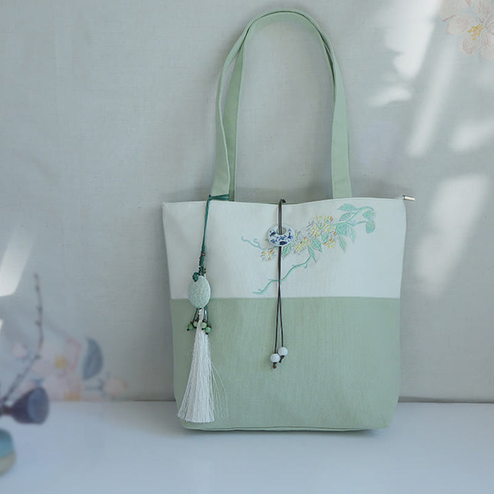 Pear Flower Plum Peach Blossom Bamboo Embroidery Canvas Large Capacity Shoulder Bag Tote Bag