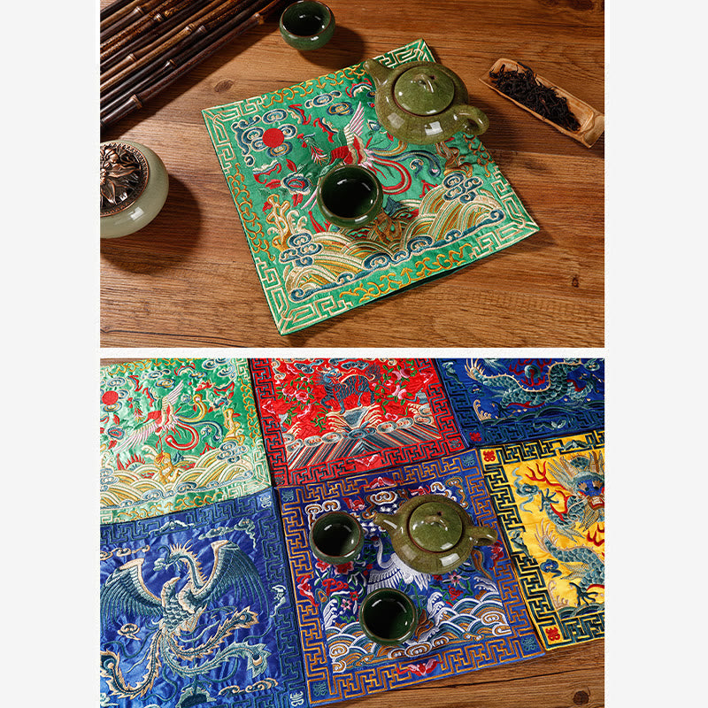 Buddha Stones Crane Phoenix Dragon Kirin Embroidered Cup Mat Pad Tea Cup Coaster Square Kung Fu Tea Mat