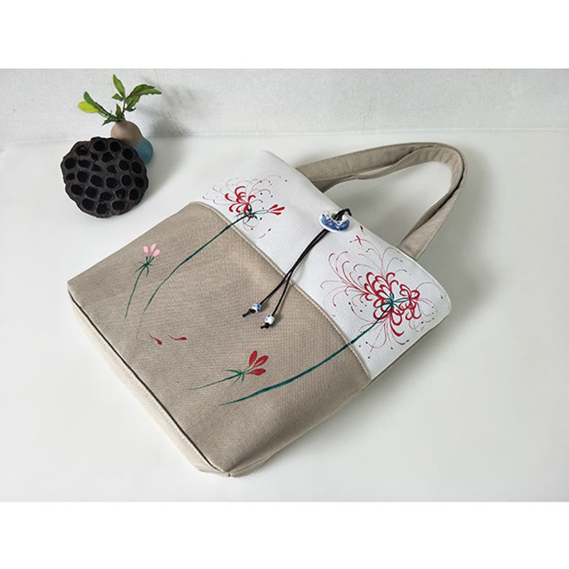 Pear Flower Plum Peach Blossom Bamboo Embroidery Canvas Large Capacity Shoulder Bag Tote Bag