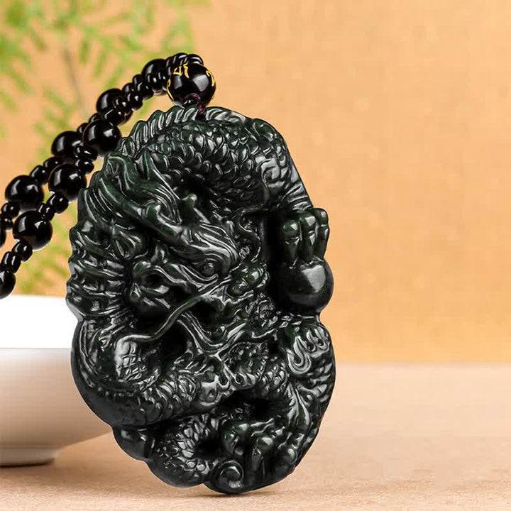 Buddha Stones Hetian Cyan Jade Dragon Success Harmony Necklace Beaded String Pendant