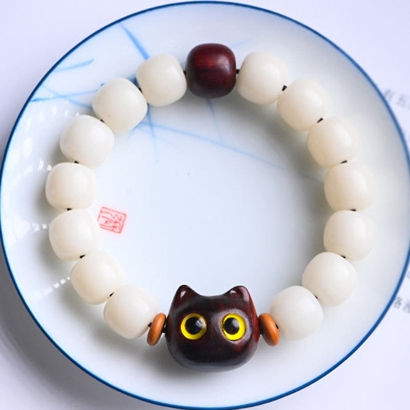 Buddha Stones Natural Bodhi Seed Small Leaf Red Sandalwood Ebony Wood Cute Lucky Cat Wisdom Bracelet