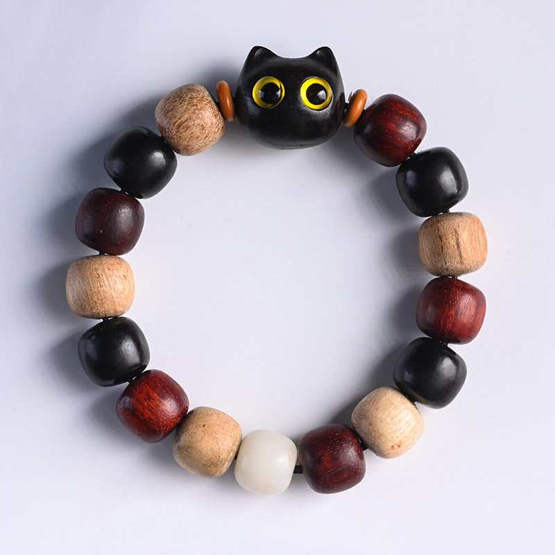 Buddha Stones Small Leaf Red Sandalwood Ebony Wood Cute Cat Engraved Protection Bracelet