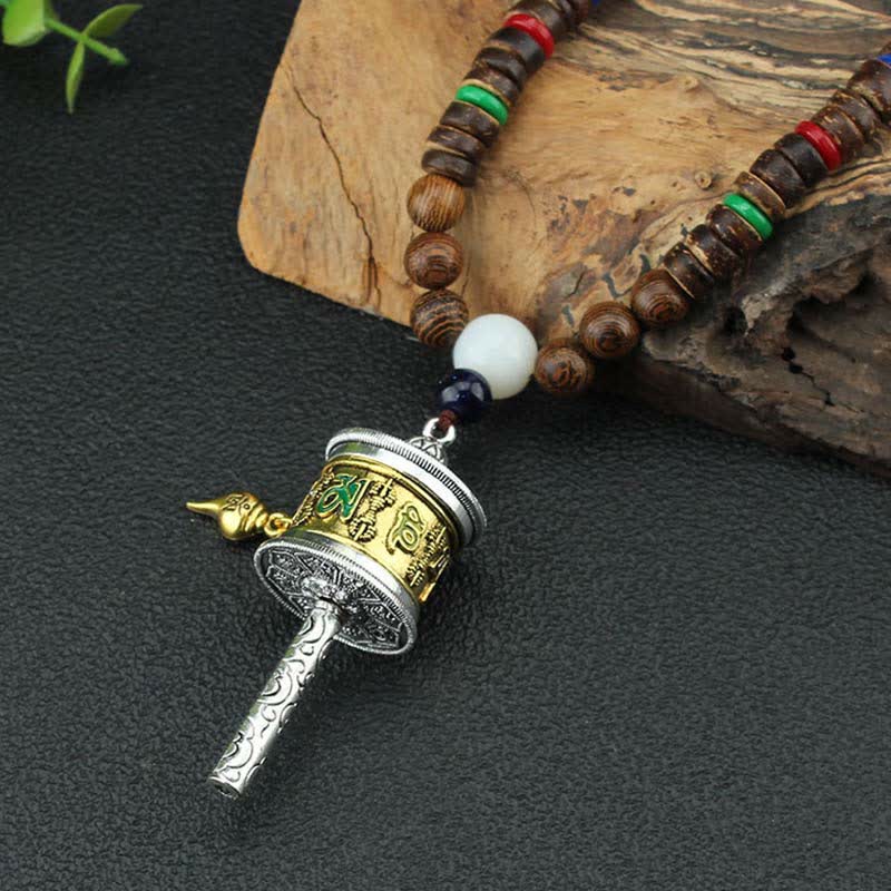 Buddha Stones Tibetan Om Mani Padme Hum Prayer Wheel Rotation Vajra Wood Necklace Pendant