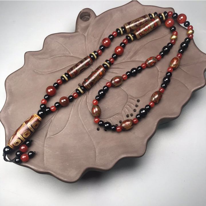 Buddha Stones Nine-Eye Dzi Bead Red Agate Wealth Health Necklace