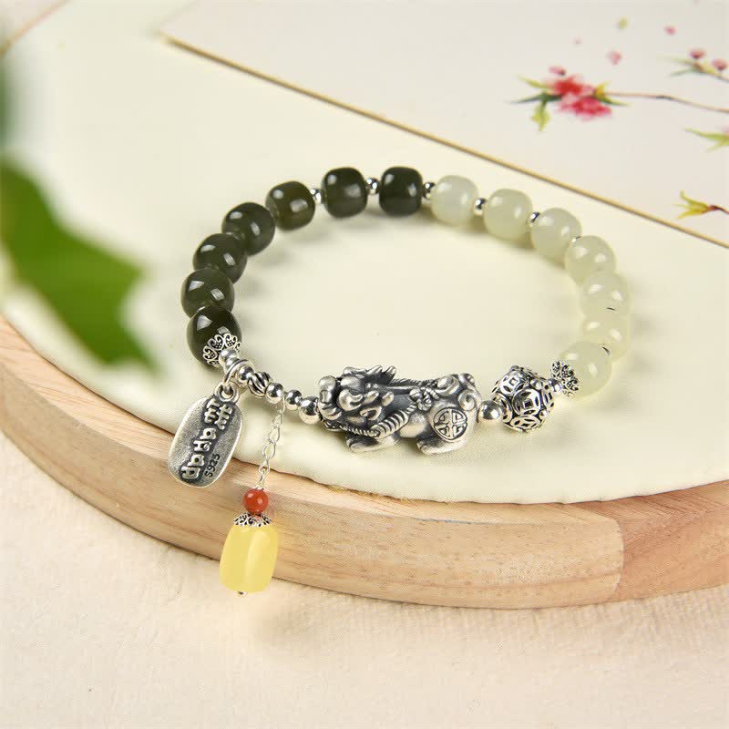 925 Sterling Silver Natural Hetian Jade Amber PiXiu Luck Bracelet