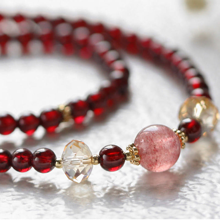 Buddha Stones 14K Gold Plated Natural Garnet Strawberry Quartz Stability Double Wrap Bracelet