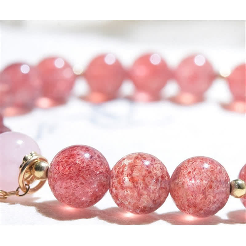 Buddha Stones Natural Strawberry Quartz Pink Crystal Lucky Cat Paw Love Bracelet