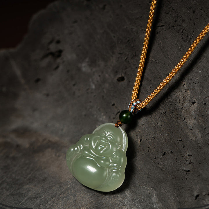 Laughing Buddha Jade Lotus Prosperity String Necklace Pendant