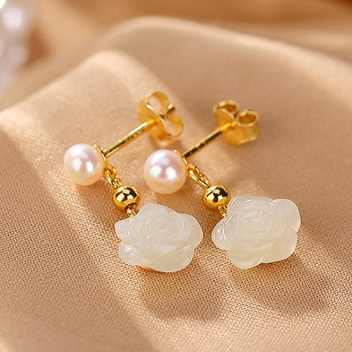 Buddha Stones 925 Sterling Silver Plated Gold Jade Rose Flower Cyan Jade Pearl Luck Earrings