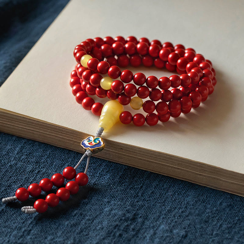 Buddha Stones 108 Mala Beads Natural Cinnabar Amber Keep Away Evil Spirits Bracelet