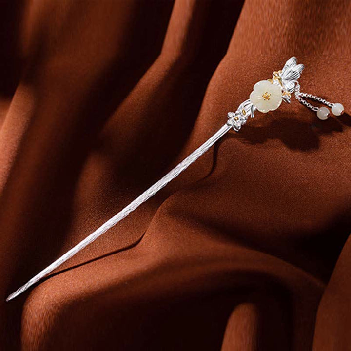 925 Sterling Silver Hetian White Jade Flower Blessing Hairpin