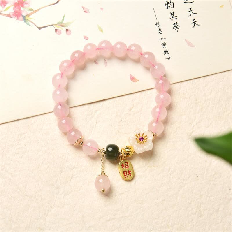 Buddha Stones Natural Pink Crystal Jade Flower Warm Love Bracelet