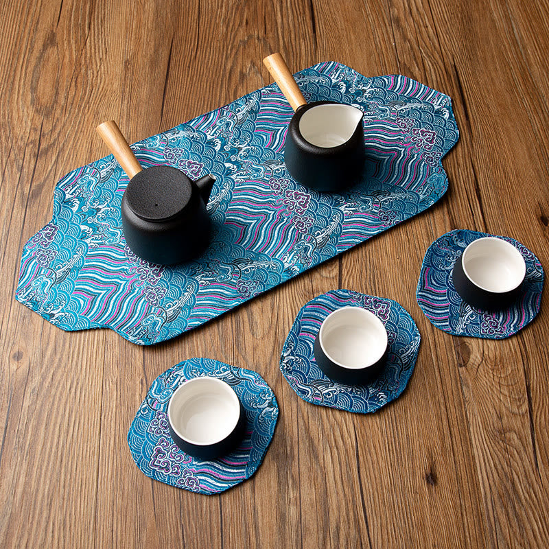 Buddha Stones Sea Wave Bamboo Plum Blossom Brocade Embroidery Cup Mat Pad Tea Cup Coaster Kung Fu Tea Mat