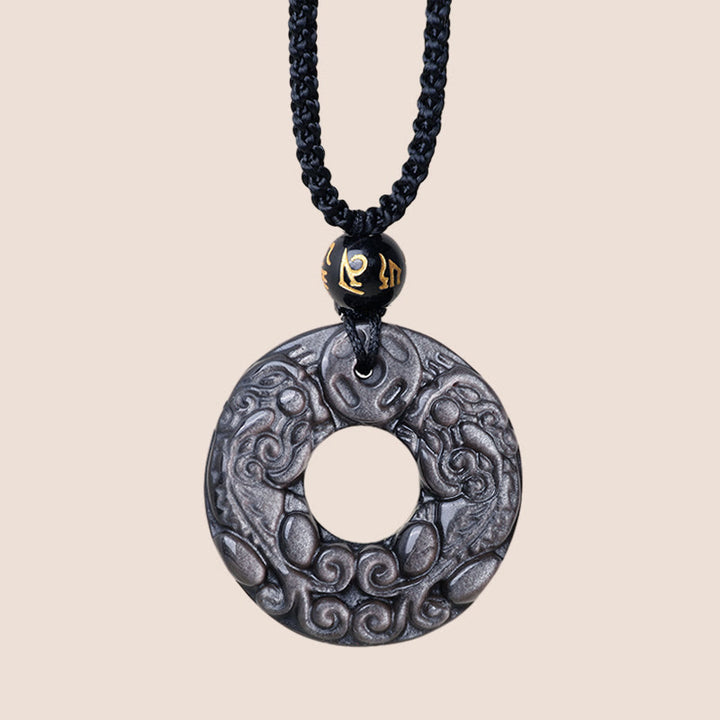 Buddha Stones Natural Silver Sheen Obsidian Double PiXiu Copper Coin Peace Buckle Protection Necklace Pendant