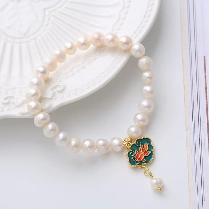 Natural Pearl Lotus Koi Fish Goldfish Optimism Charm Bracelet