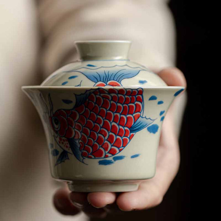 Buddha Stones Koi Fish Arowana Ceramic Gaiwan Sancai Teacup Kung Fu Tea Cup With Lid 130ml