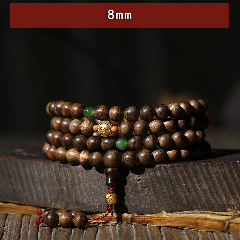 Buddha Stones 999 Gold 108 Mala Beads Kalimantan Agarwood Cyan Jade Six True Words Strength Bracelet