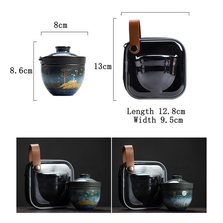 Buddha Stones Ceramic Teacup Deer Mountain Trees Lovely Cat Black Tea Cup With Lid and Bag