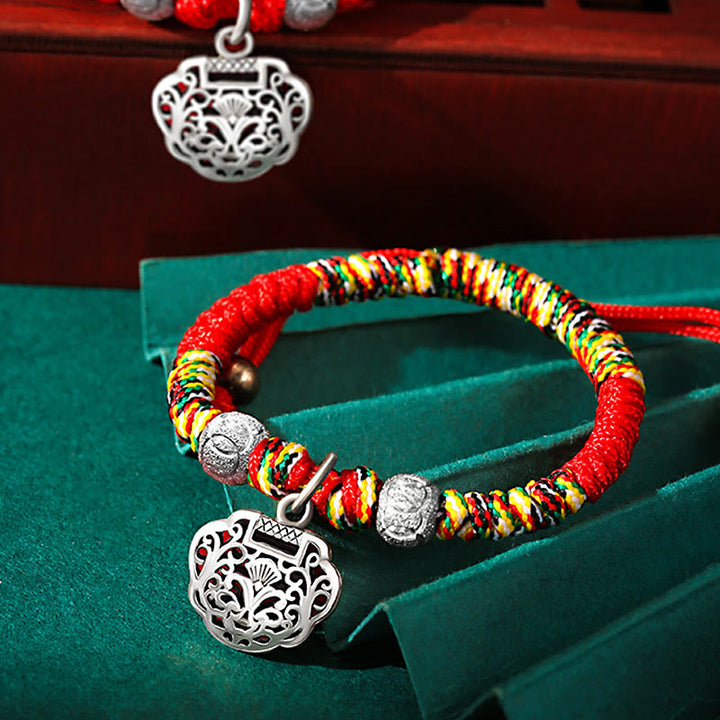 Buddha Stones 925 Sterling Silver Chinese Lock Charm Multicolored Red String Protection Handmade Braided Kids Bracelet