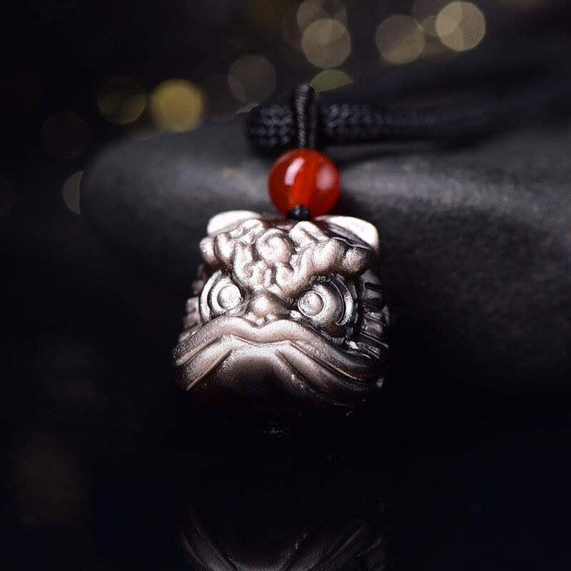 Buddha Stones Natural Silver Sheen Obsidian Dancing Lion Protection Necklace Pendant