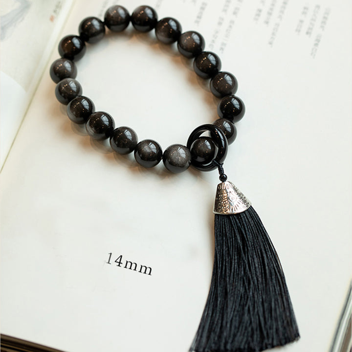 Natural Silver Sheen Obsidian Black Obsidian Lion Wrist Mala Protection Tassels Pocket Mala Car Decoration