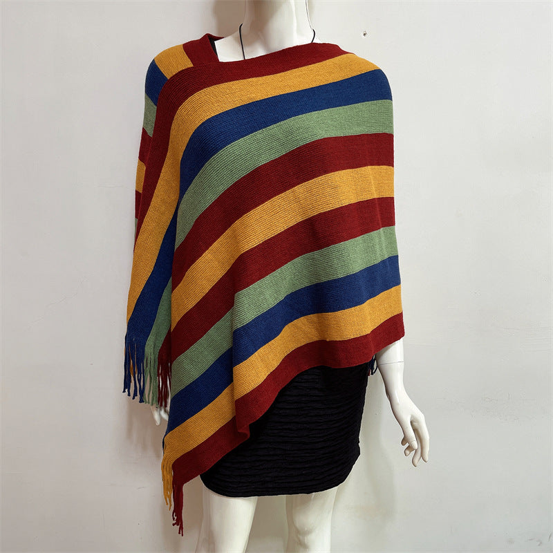 Buddha Stones Tibetan Colorful Striped Design Shawl Tassels Pullover Winter Cozy Travel Scarf Wrap