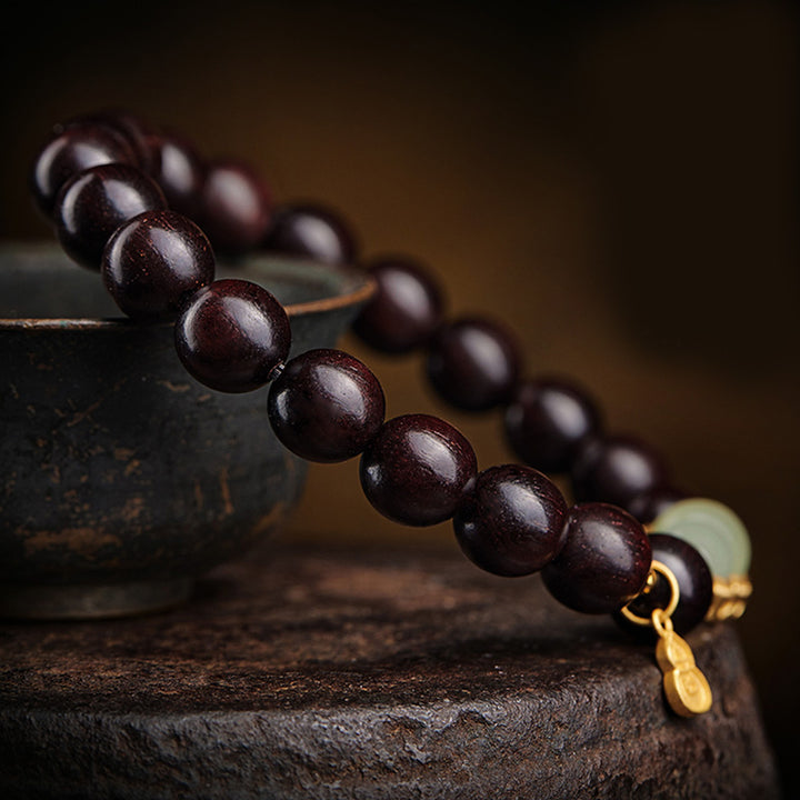 Buddha Stones Small Leaf Red Sandalwood Gourd Jade Calm Relaxation Bracelet