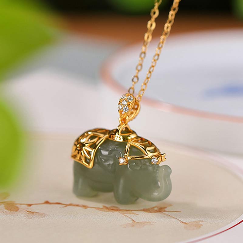 Buddha Stones 925 Sterling Silver Jade Elephant Blessing Fortune Necklace Chain Pendant