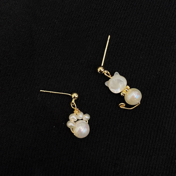 Buddha Stones Cute Cat Paw Pearl Wisdom Stud Drop Earrings