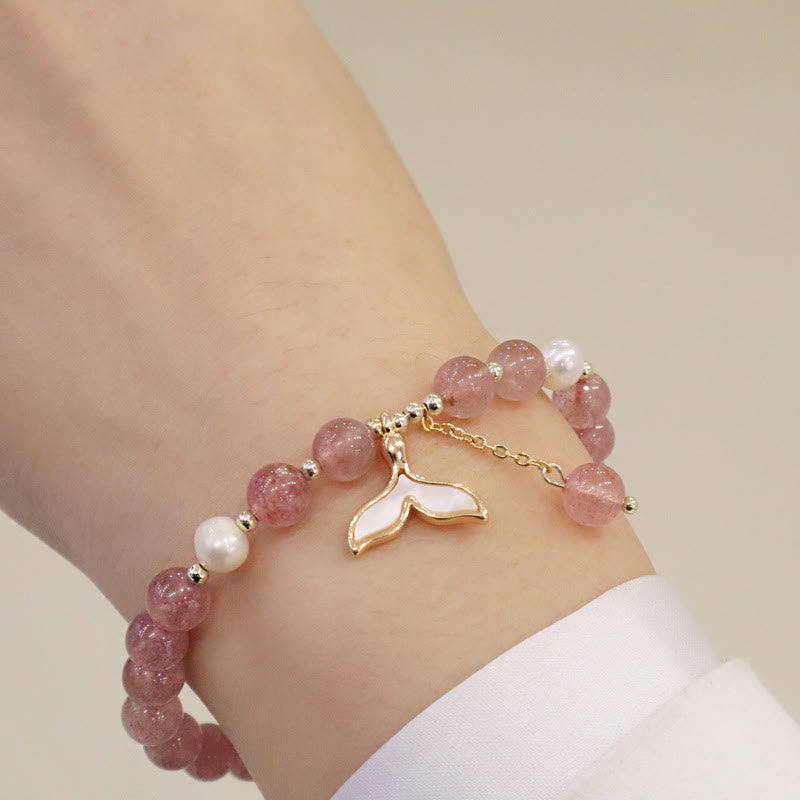 Buddha Stones Strawberry Quartz Pearl Elk Smiley Face Fishtail Fu Character Charm Healing Bracelet