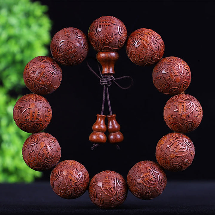 Buddha Stones Chinese Zodiac Rosewood Ebony Boxwood Copper Coin PiXiu Carved Warmth Bracelet