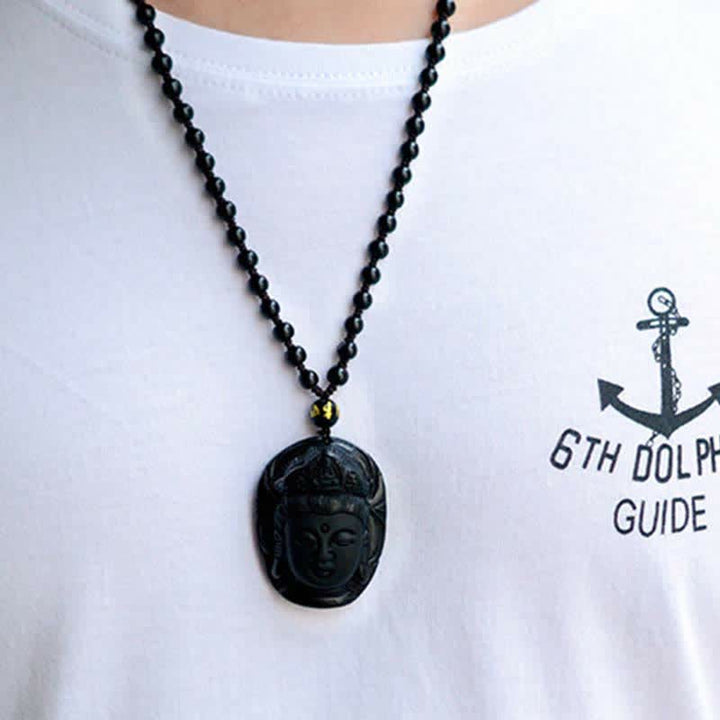 Buddha Stones Natural Black Obsidian Kwan Yin Avalokitesvara Strength String Necklace Pendant