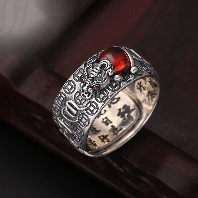 Genstone PiXiu Feng Shui Frog Vajra Dorje Heart Sutra Wealth Adjustable Ring