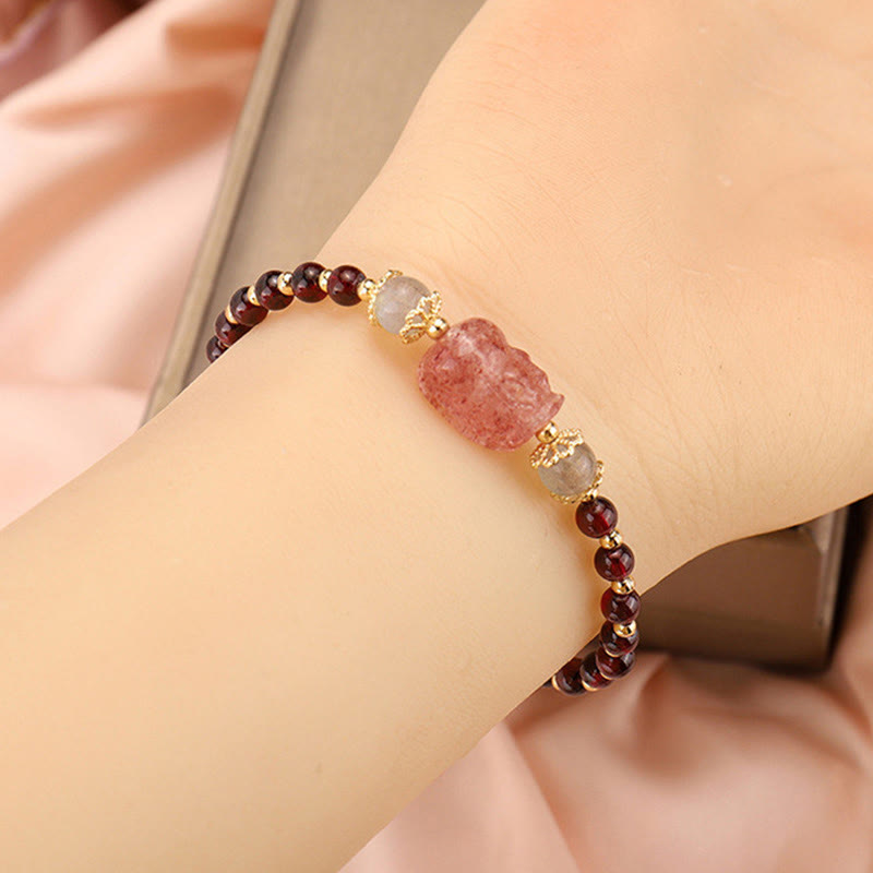 Buddha Stones Natural Tourmaline Garnet Strawberry Quartz PiXiu Moonstone Protection Bracelet