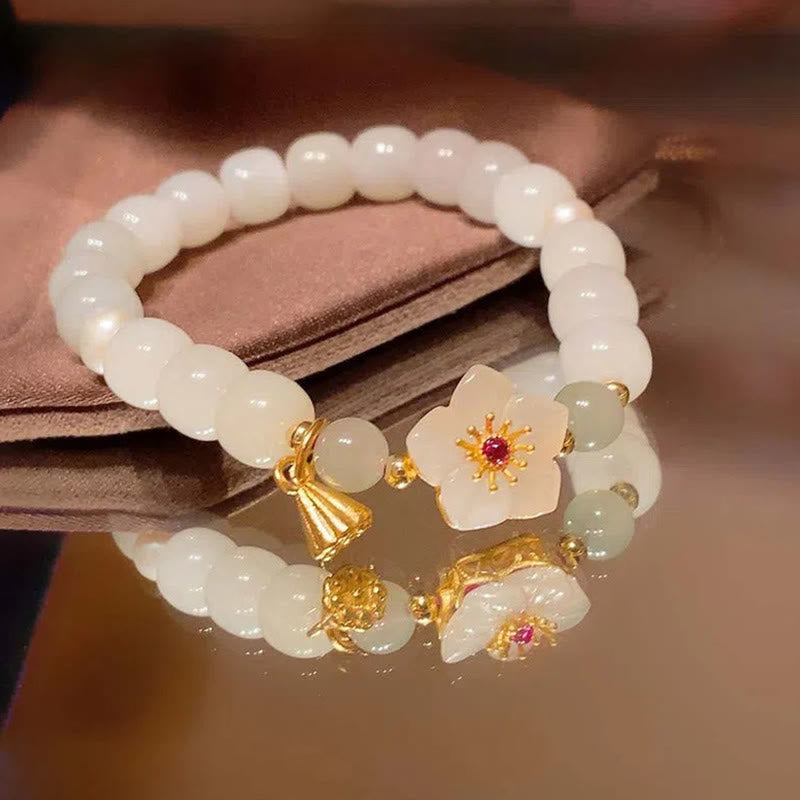 Buddha Stones Jade Peach Blossom Flower Pearl Luck Blessing Bracelet