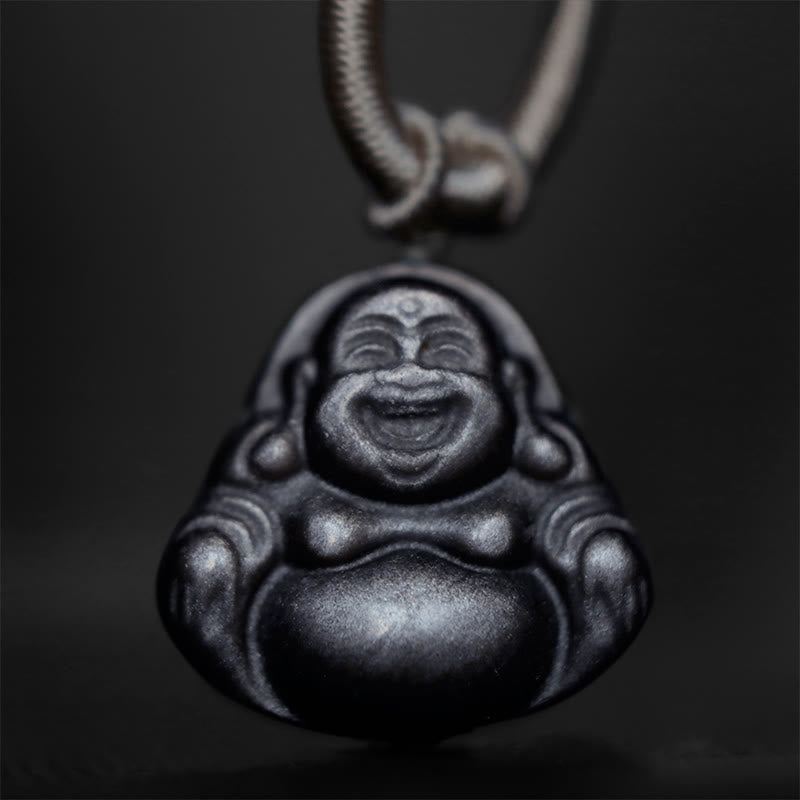 Buddha Stones Natural Silver Sheen Obsidian Laughing Buddha Protection Necklace Pendant