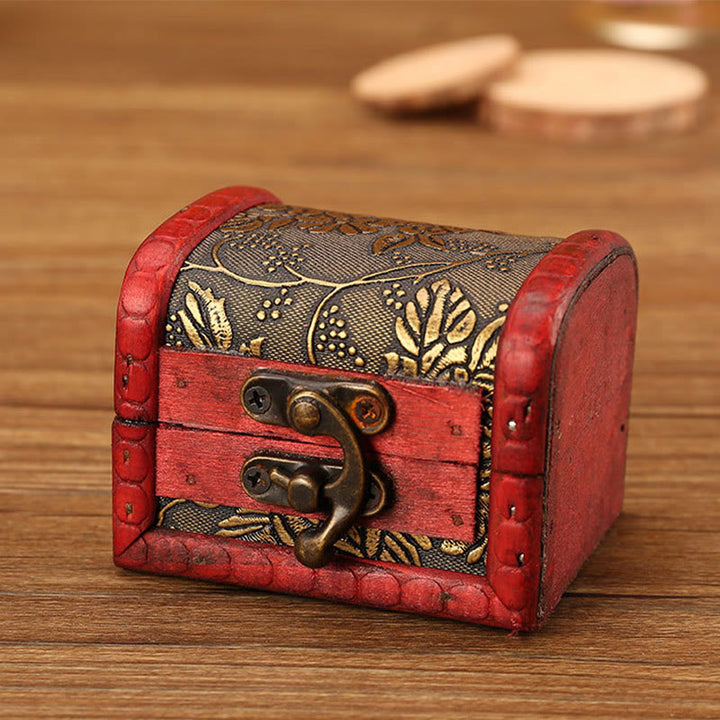 Buddha Stones Retro Small Wood Jewelry Box Lotus Golden Grape Copper Coin Daffodil Grass Flower Jewelry Storage Box