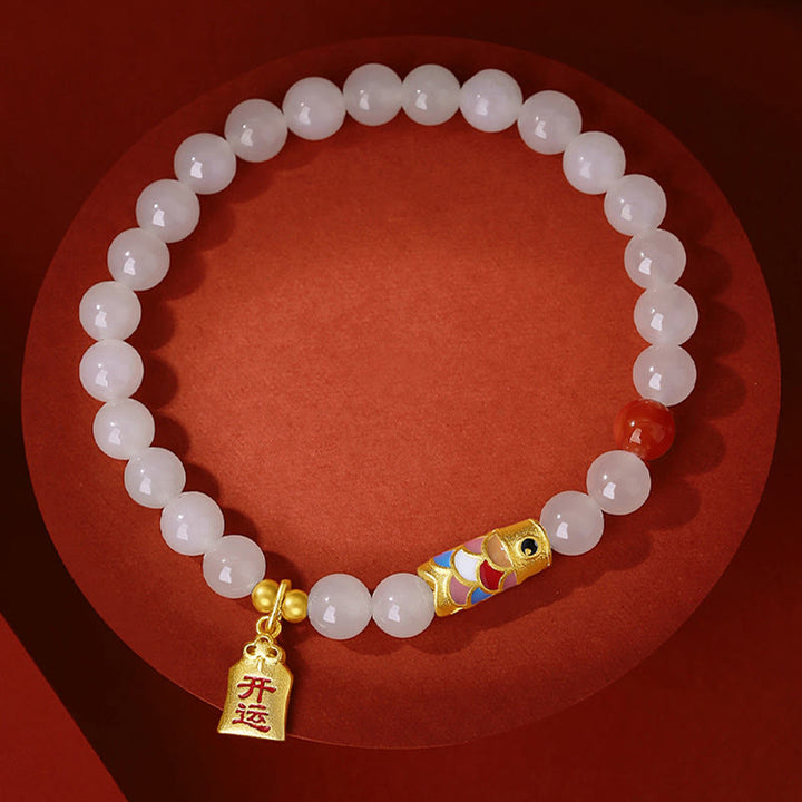 Buddha Stones 925 Sterling Silver Hetian White Jade Red Agate Koi Fish Luck Happiness Bracelet