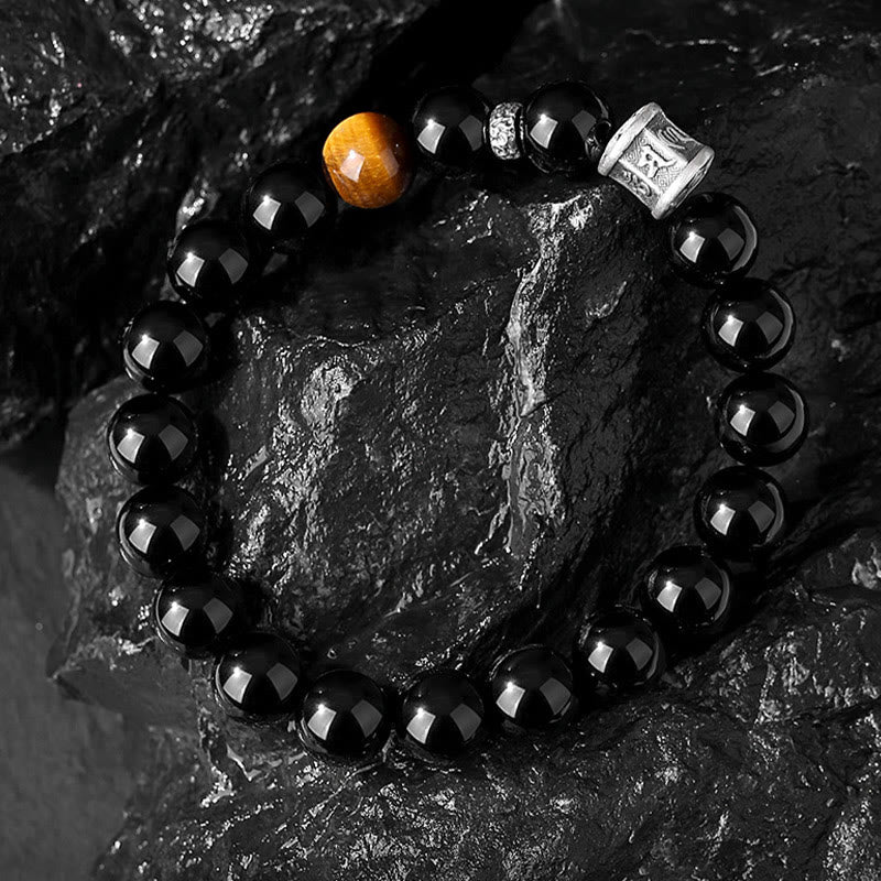 Buddha Stones 999 Sterling Silver Black Obsidian Tiger Eye Om Mani Padme Hum Fulfillment Bracelet