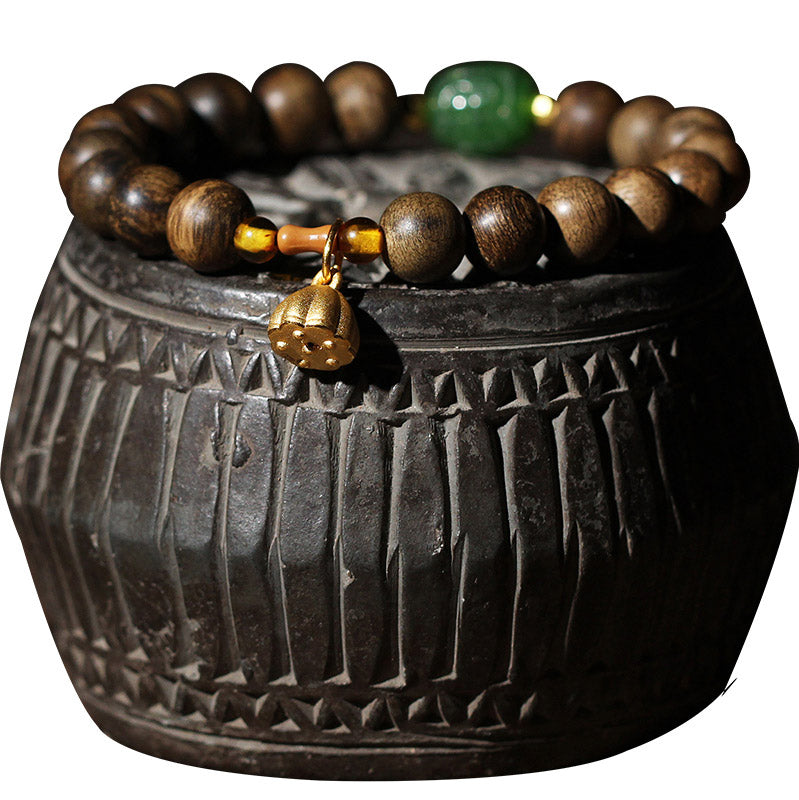 Buddha Stones 999 Gold Brunei Agarwood Cyan Jade Lotus Flower Peace Strength Bracelet