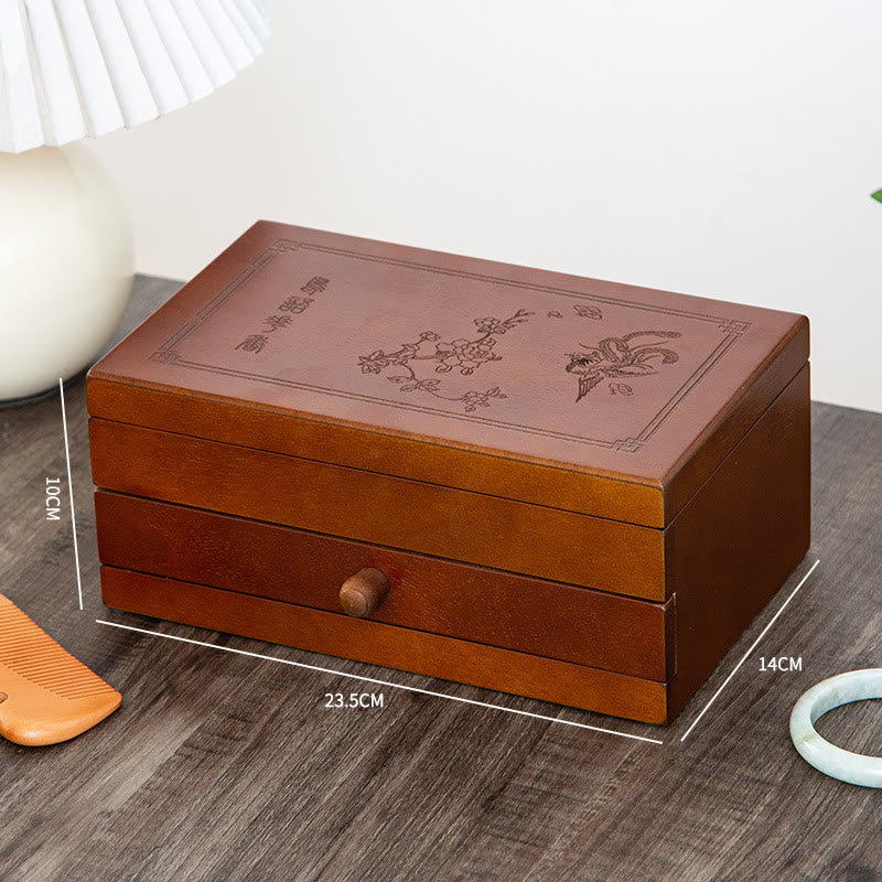 Buddha Stones Vintage Solid Wood Jewelry Box Flower Carved Jewelry Storage Box With Mirror