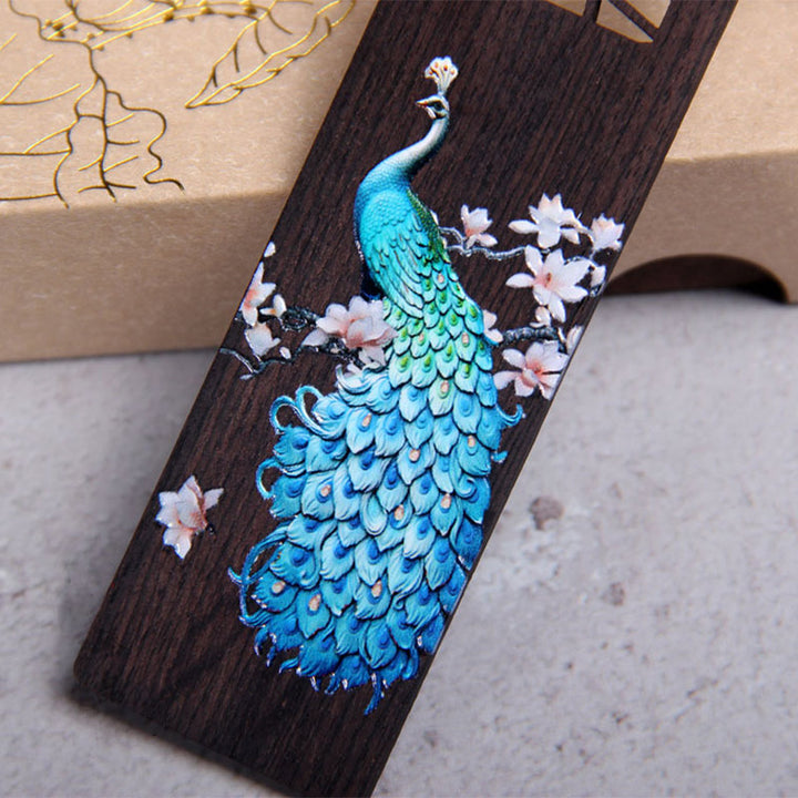 Buddha Stones Blue Peacock Ebony Wood Bookmarks With Gift Box