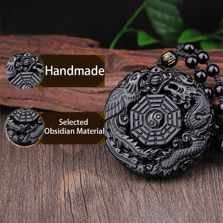 Buddha Stones Bagua Dragon Phoenix Obsidian Fulfilment Pendant Necklace