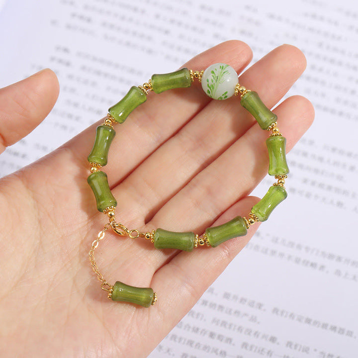 Buddha Stones Green Bamboo Pattern Liuli Crystal Moss Agate Wealth Chain Bracelet