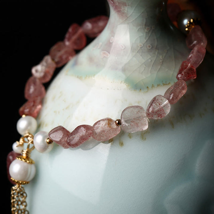 Natural Strawberry Quartz Pearl 14k Gold Plated Love Healing Bracelet