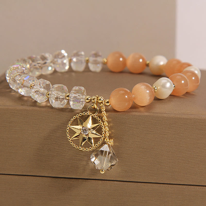 Buddha Stones Orange Cat's Eye White Crystal Star Support Bracelet