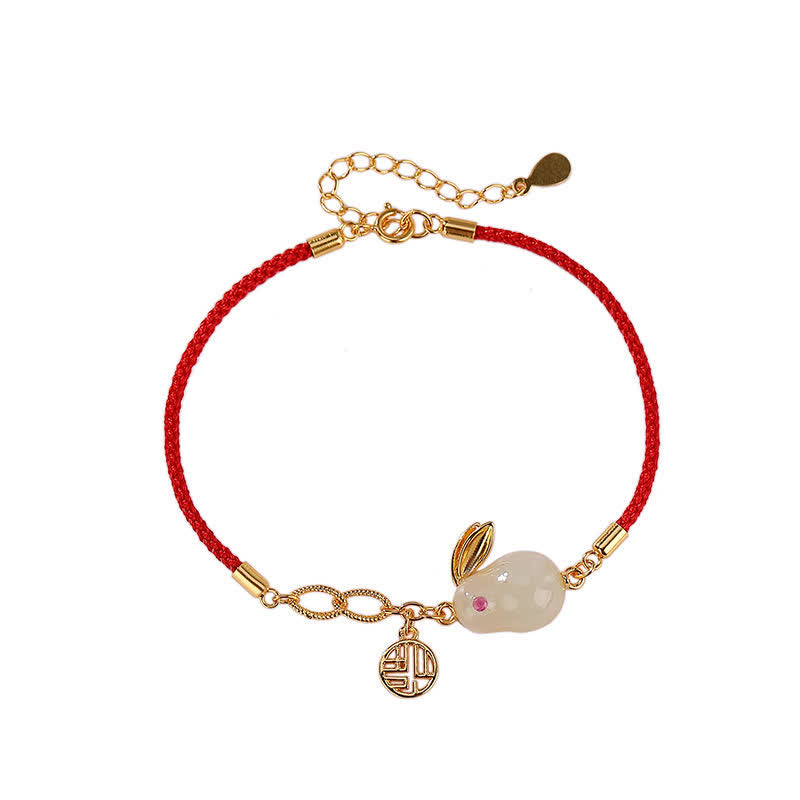 925 Sterling Silver Year of the Rabbit Hetian White Jade Luck Blessing Red String Bracelet