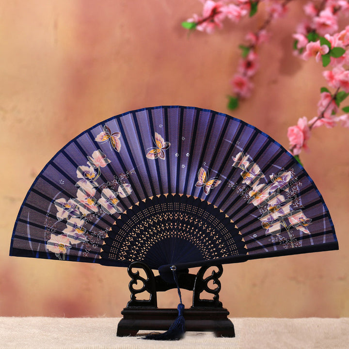 Buddha Stones Cherry Blossom Lily Butterfly Bamboo Handheld Bamboo Folding Fan 21cm